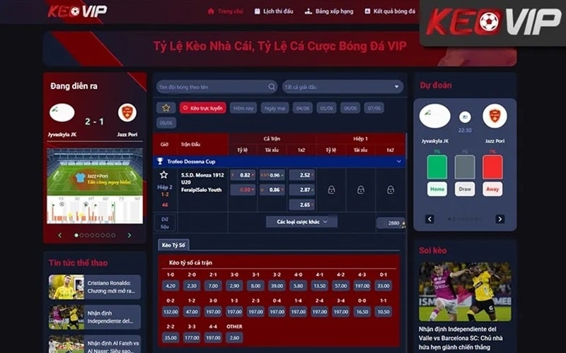 Giao diện bảng Kèo Nhà Cái tại Keovip hiển thị đầy đủ dữ liệu trận đấu